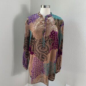 Spiegel Womens 10 Velvet Burnout Tunic Top Patchwork Long Sleeve Shirt Blouse